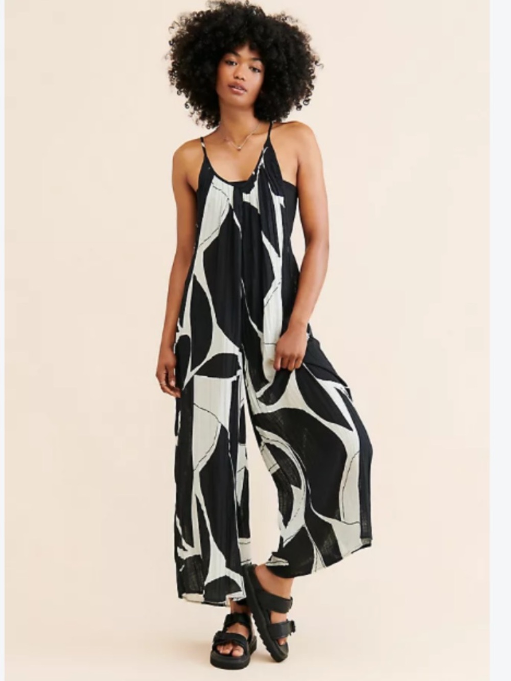 Anthropologie Black & White Abstract-Print Flowing Wide-Leg Jumpsuit